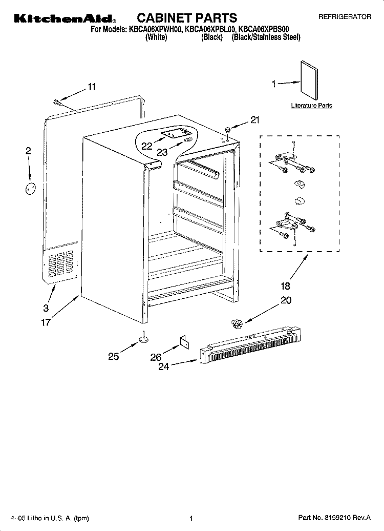 CABINET PARTS Diagram and Parts List for KBCA06XPBL00  KitchenAid Refrigerator