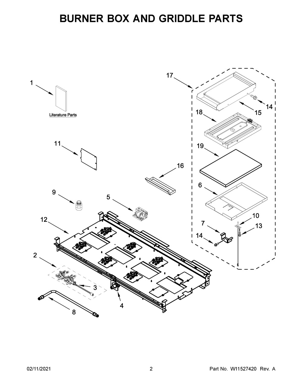 Burner Box And Griddle Parts Diagram and Parts List for JDSP548HM01  Whirlpool Range