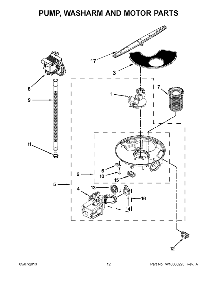 PUMP, WASHARM AND MOTOR PARTS Diagram and Parts List for WDF310PLAT3  Whirlpool Dishwasher