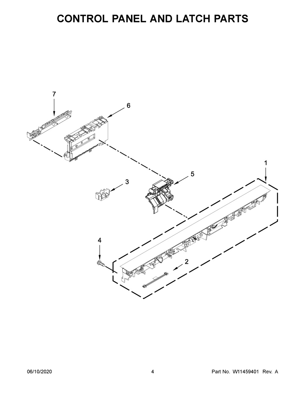 Control Panel And Latch Parts Diagram and Parts List for KDTE204GPS1  Whirlpool Dishwasher