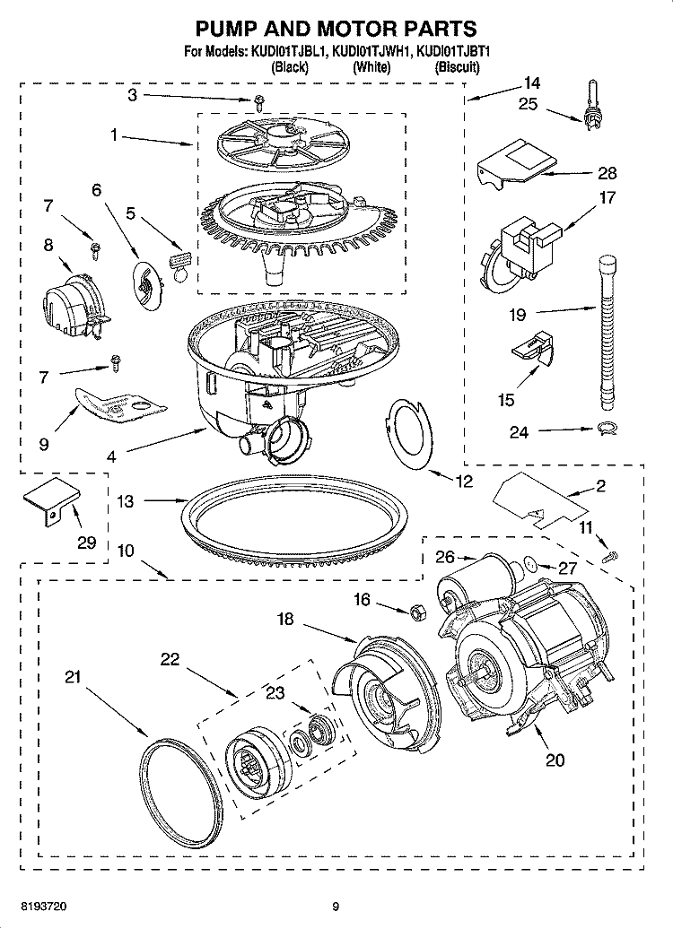 PUMP AND MOTOR PARTS Diagram and Parts List for KUDI01TJBT1  KitchenAid Dishwasher