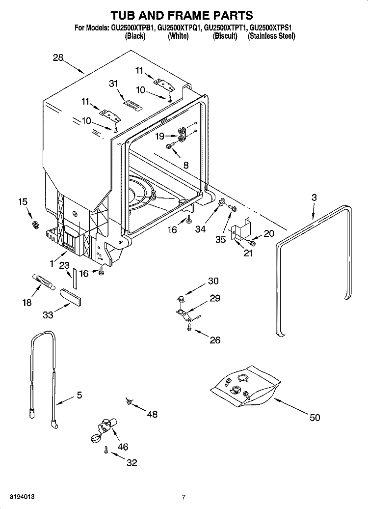 TUB AND FRAME PARTS Diagram and Parts List for GU2500XTPT1  Whirlpool Dishwasher