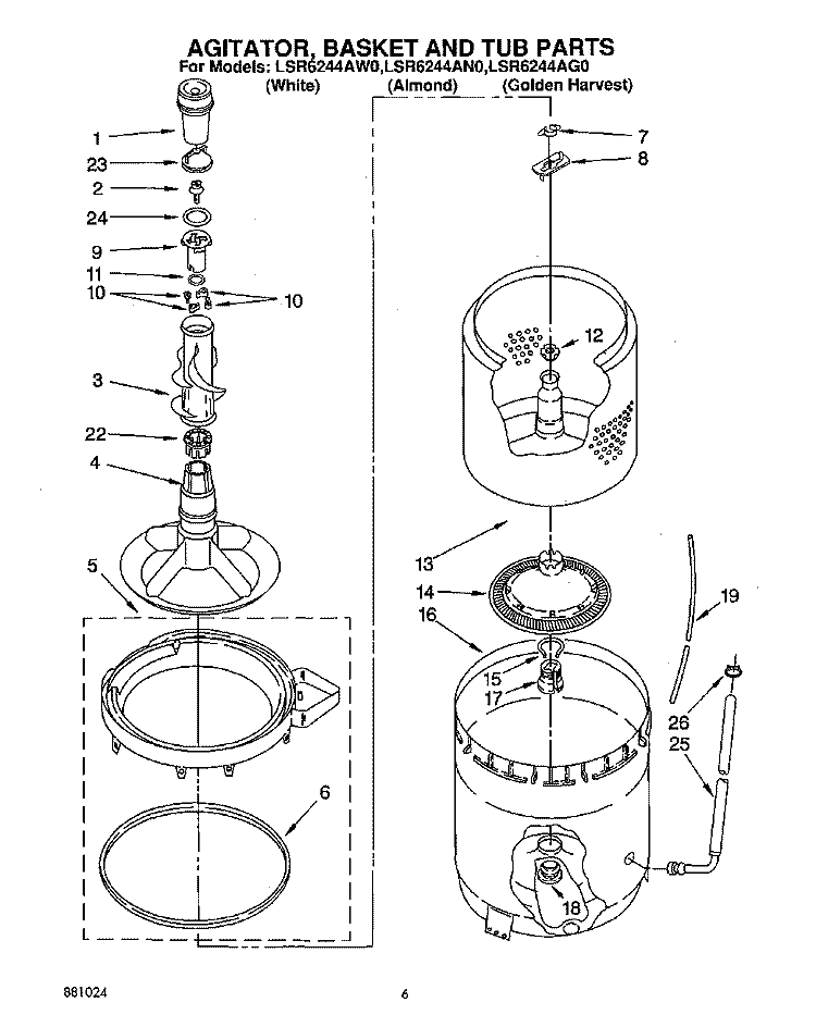 AGITATOR, BASKET AND TUB Diagram and Parts List for LSR6244AN0  Whirlpool Washer