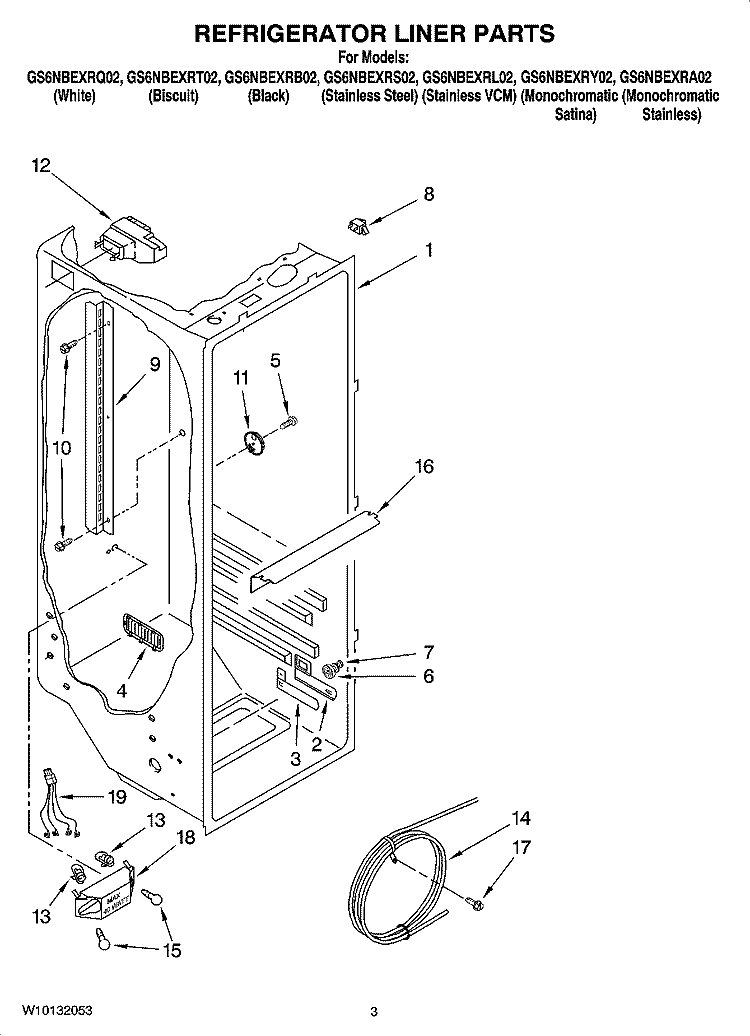 REFRIGERATOR LINER PARTS Diagram and Parts List for GS6NBEXRA02  Whirlpool Refrigerator