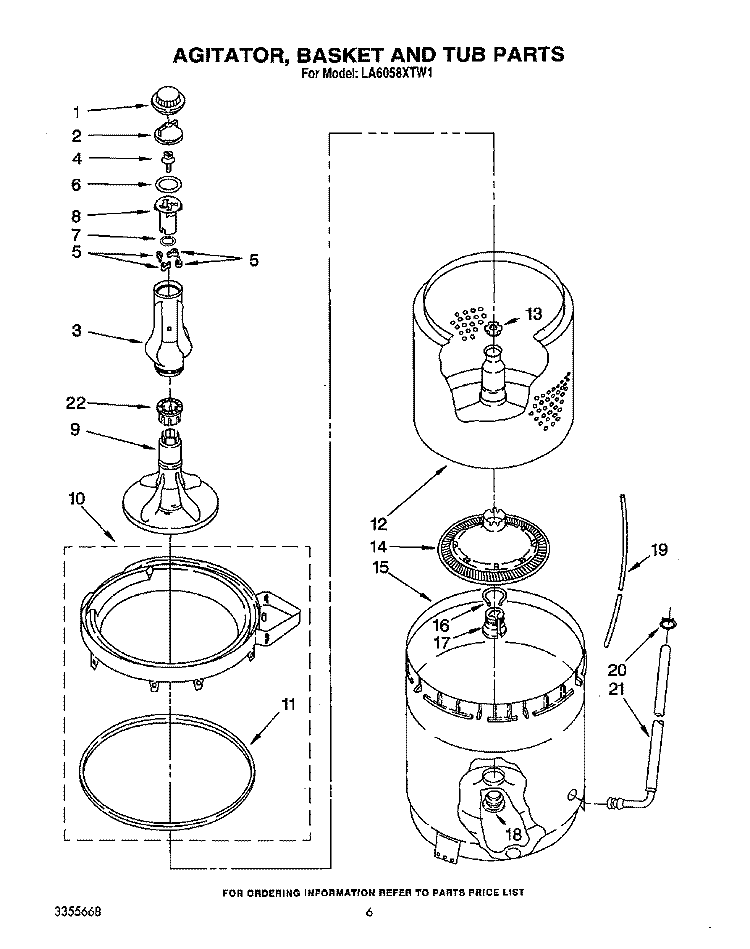 AGITATOR, BASKET AND TUB Diagram and Parts List for LA6058XTG1  Whirlpool Washer
