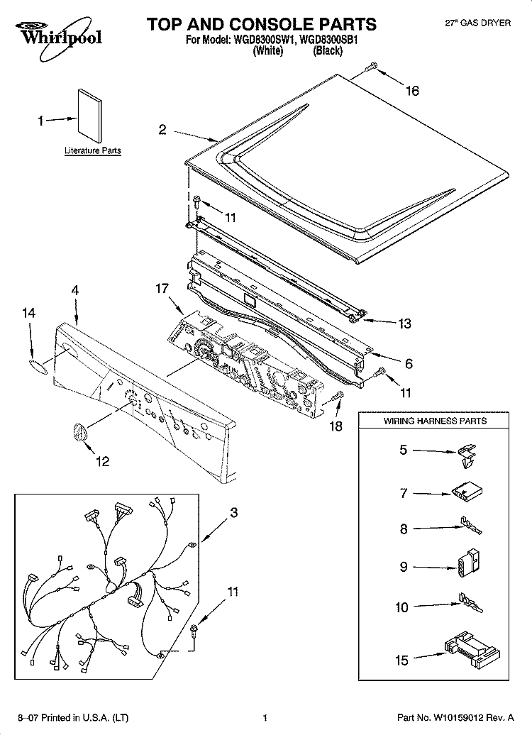 TOP AND CONSOLE PARTS Diagram and Parts List for WGD8300SW1  Whirlpool Dryer
