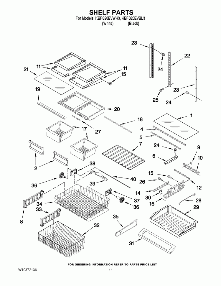 SHELF PARTS Diagram and Parts List for KBFS20EVBL3  KitchenAid Refrigerator