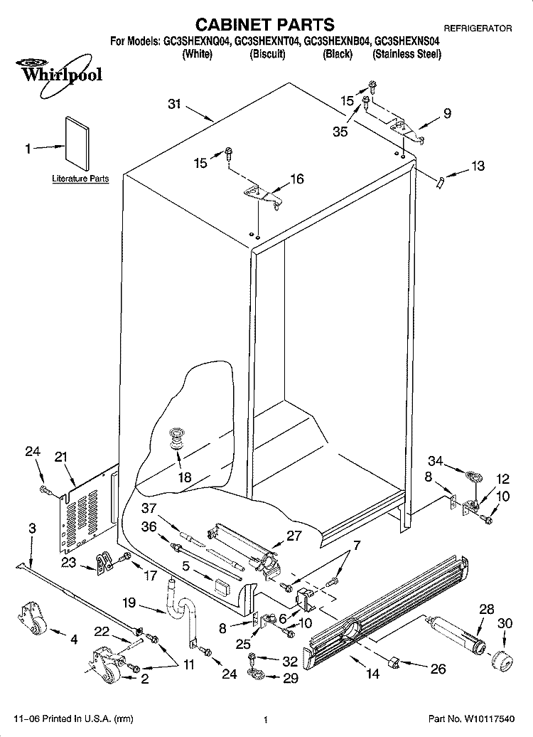 CABINET PARTS Diagram and Parts List for GC3SHEXNQ04  Whirlpool Refrigerator