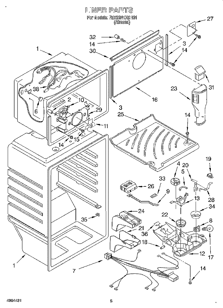 LINER Diagram and Parts List for 7ET20PKXDN01  Whirlpool Refrigerator