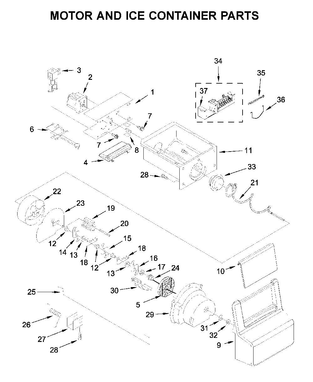 Motor and ice container parts Diagram and Parts List for 10650045713  Kenmore Refrigerator