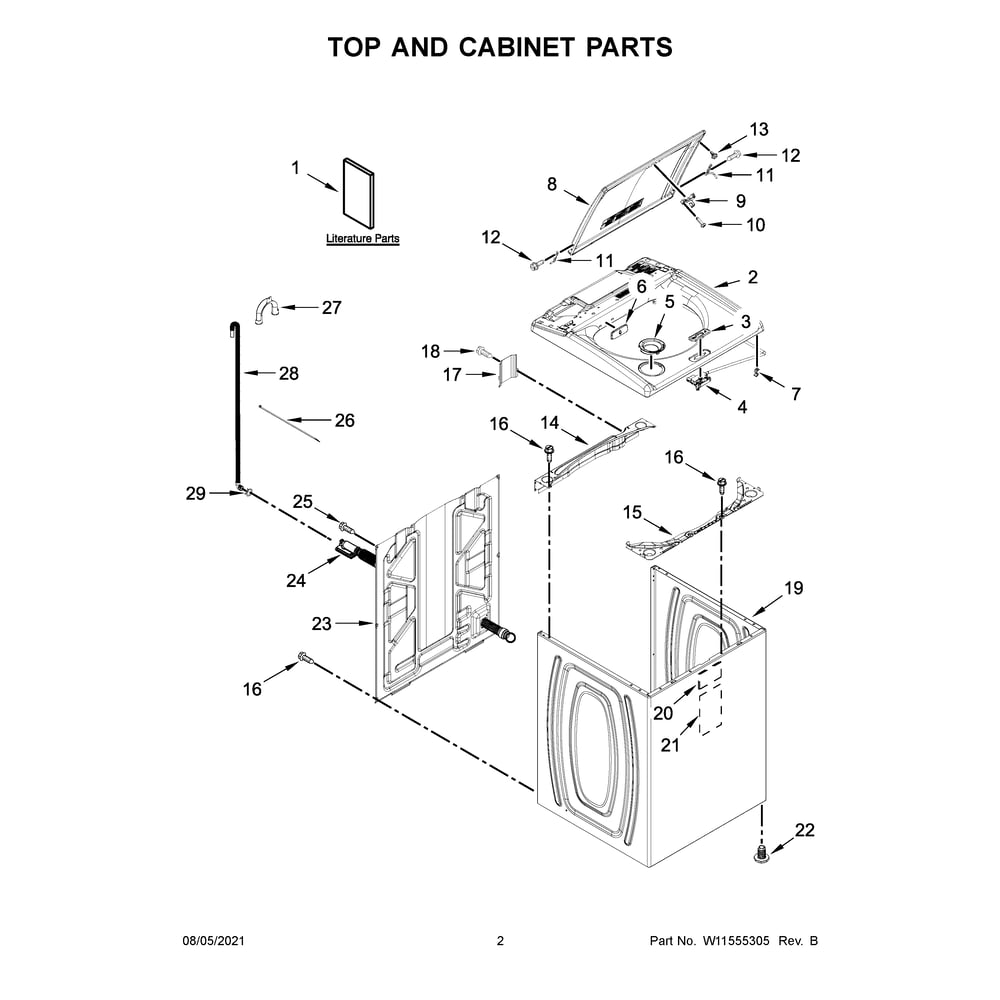 Top And Cabinet Parts Diagram and Parts List for WTW5010LW0  Whirlpool Washer