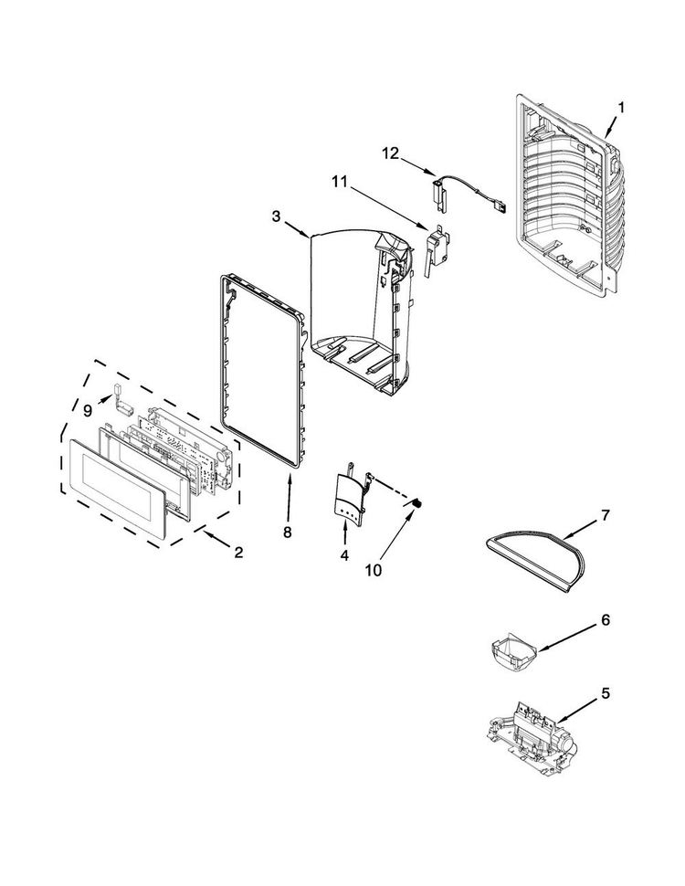 Dispenser Front Parts Diagram and Parts List for WRV996FDEE02  Whirlpool Refrigerator