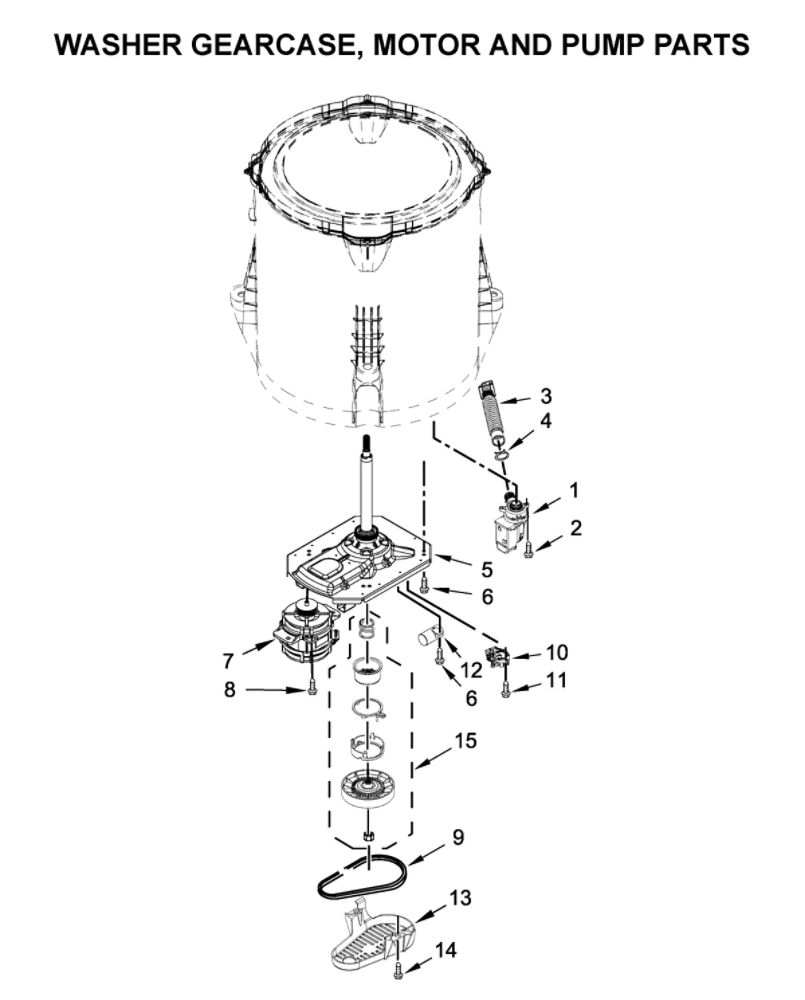 Washer Gearcase, Motor And Pump Parts Diagram and Parts List for WGTLV27HW0  Whirlpool Washer Dryer Combo
