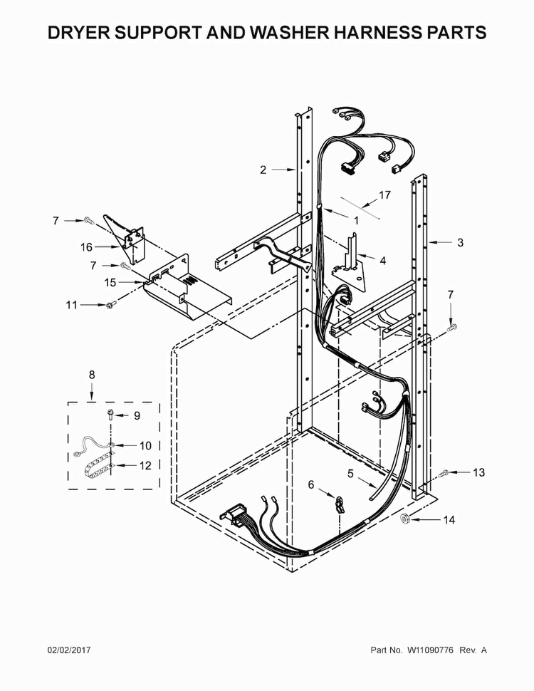 Dryer Support And Washer Harness Parts Diagram and Parts List for WETLV27FW0  Whirlpool Washer Dryer Combo