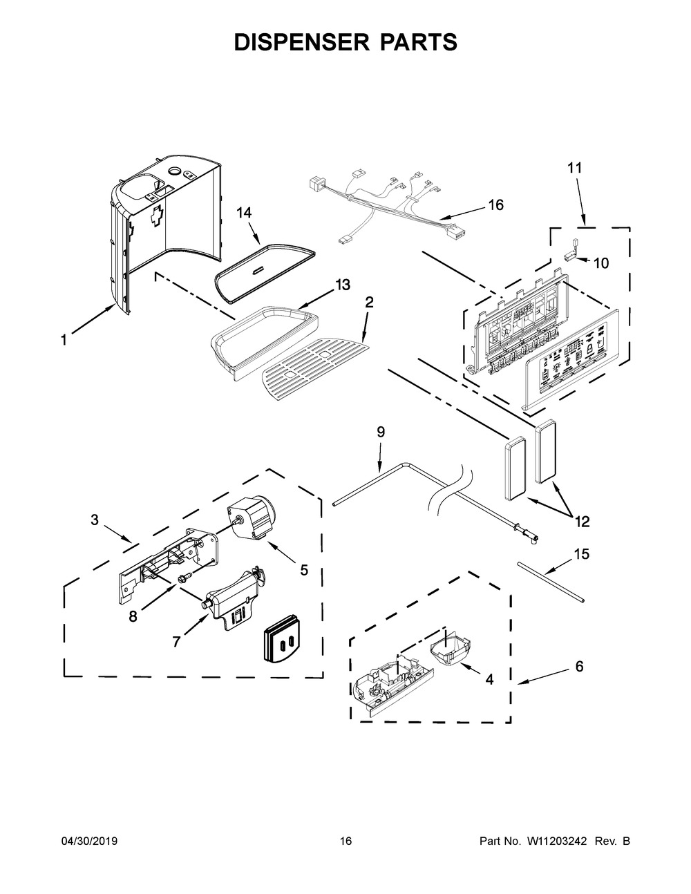 Dispenser Parts Diagram and Parts List for KRSC503ESS01  Whirlpool Refrigerator