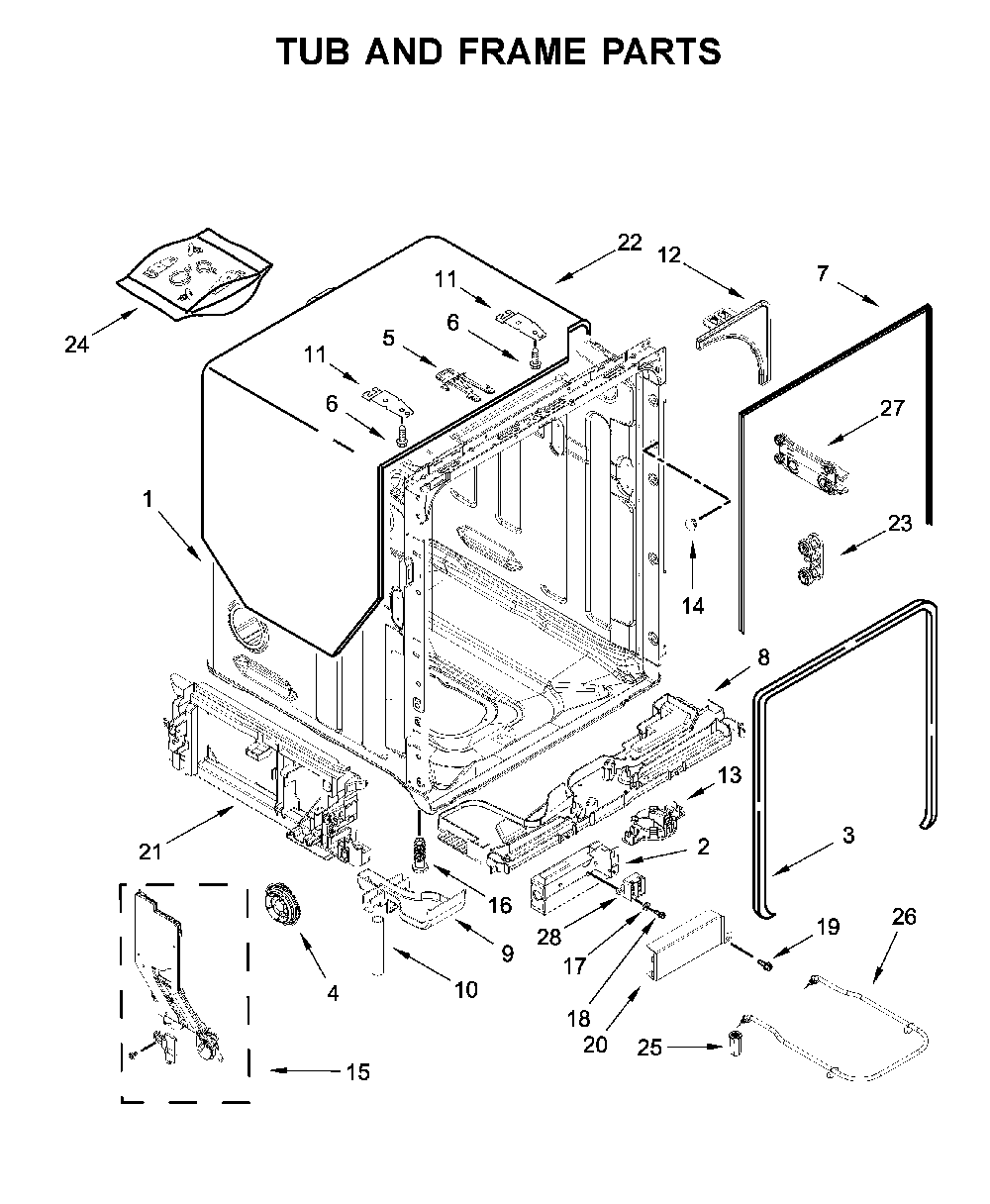 Tub and frame parts Diagram and Parts List for WDTA50SAKT0  Whirlpool Dishwasher