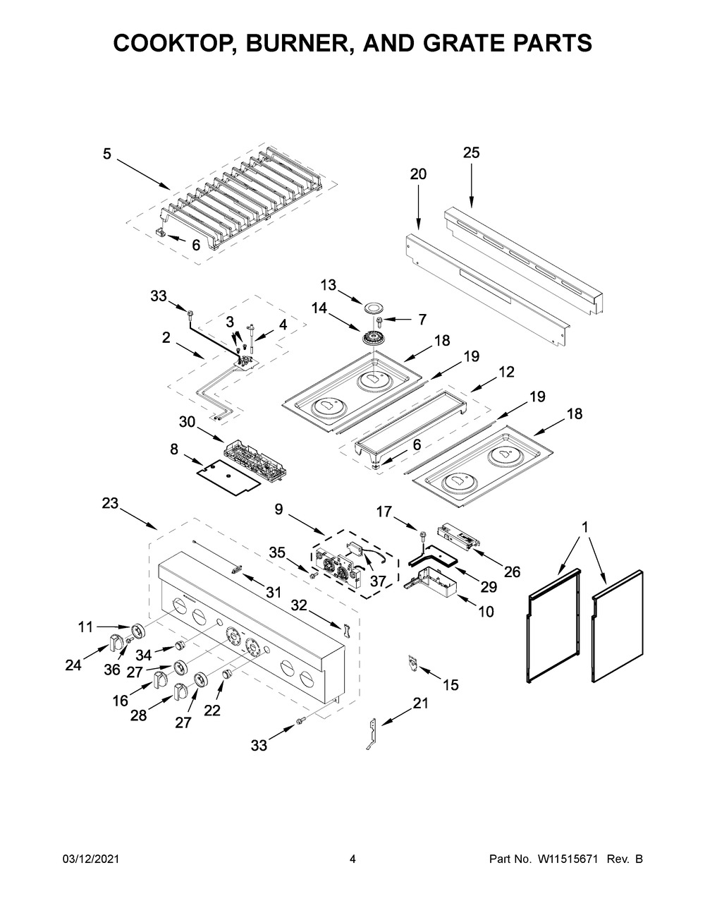 Cooktop, Burner, And Grate Parts Diagram and Parts List for JGRP430HM01  Whirlpool Range