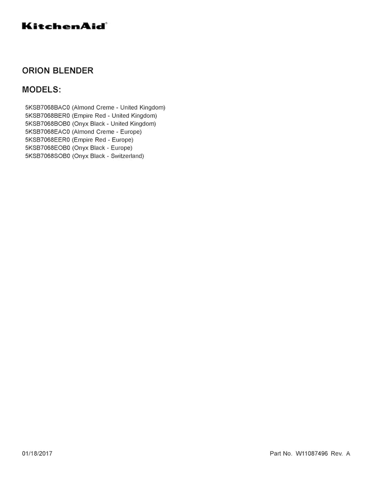 Cover Sheet Diagram and Parts List for 5KSB7068BOB0  KitchenAid Blender