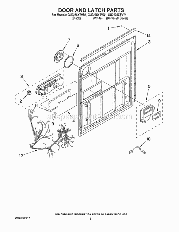 DOOR AND LATCH PARTS Diagram and Parts List for GU2275XTVY1  Whirlpool Dishwasher