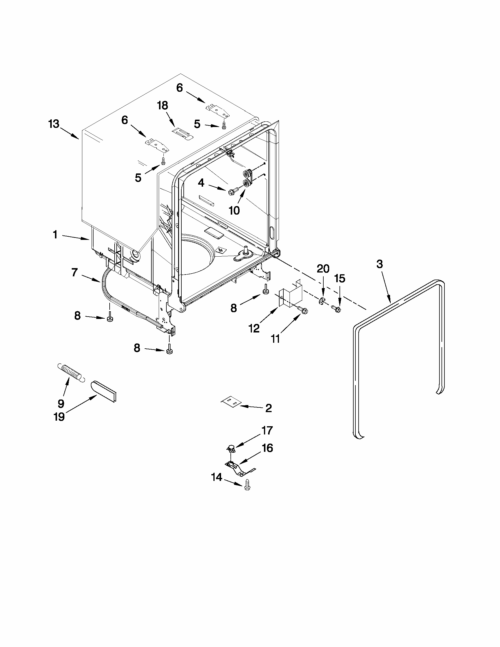Tub And Frame Parts Diagram and Parts List for 66513073K211  Kenmore Dishwasher