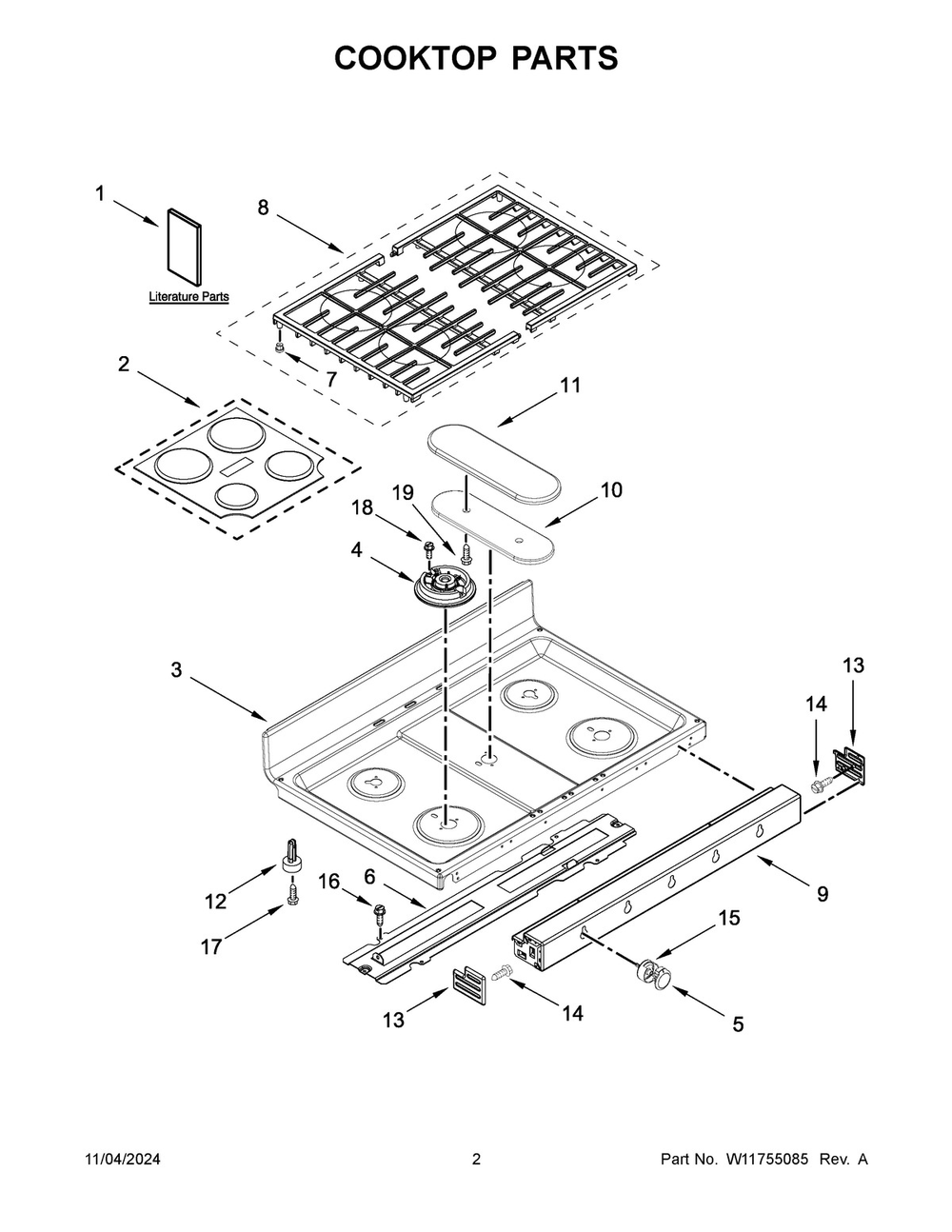 02 - Cooktop Parts Diagram and Parts List for KFDD500ESS12  Whirlpool Range
