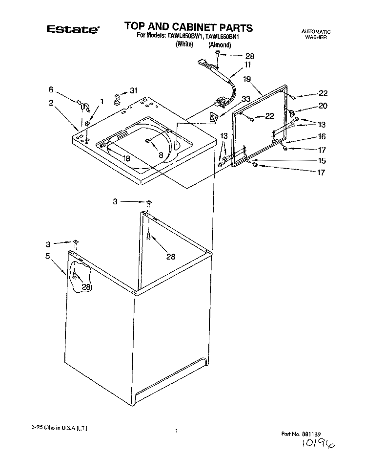 TOP AND CABINET, LIT/OPTIONAL Diagram and Parts List for TAWL650BN1  Estate Washer