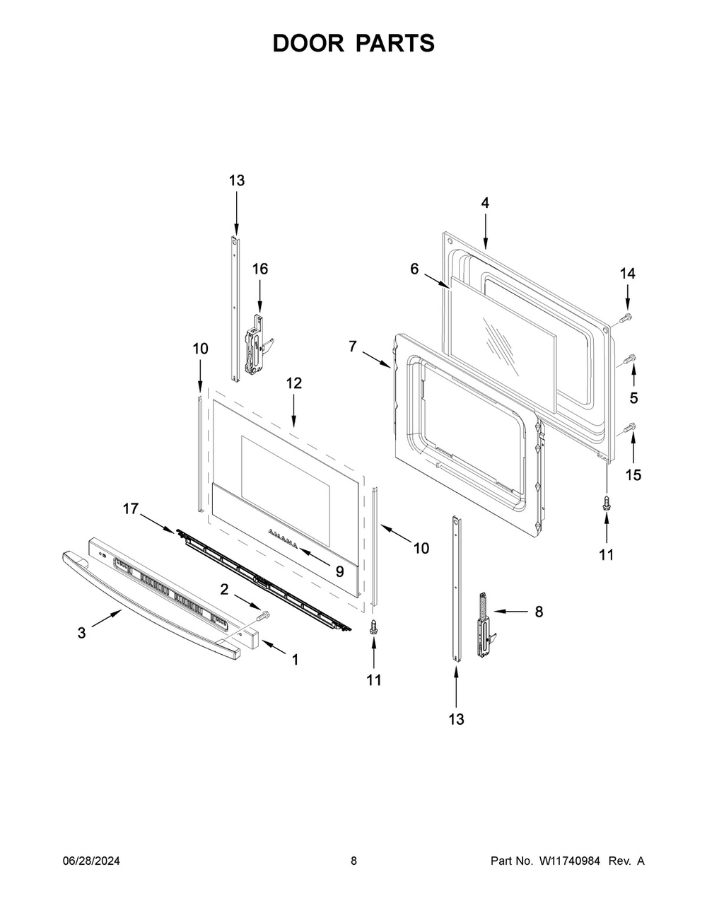 05 - Door Parts Diagram and Parts List for YAER6303MMS1  Whirlpool Wall Oven