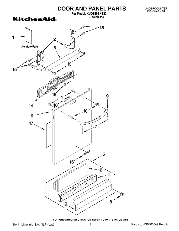 DOOR AND PANEL PARTS Diagram and Parts List for KUDE60SXSS3  KitchenAid Dishwasher