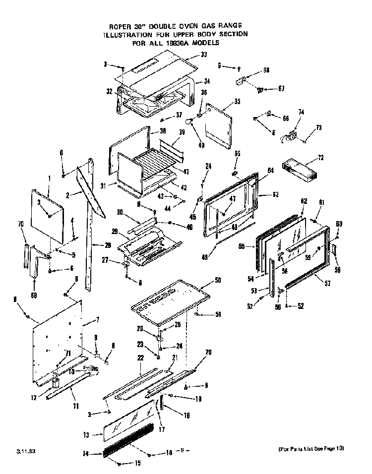 Upper Body Diagram and Parts List for 1883*0A  Roper Wall Oven