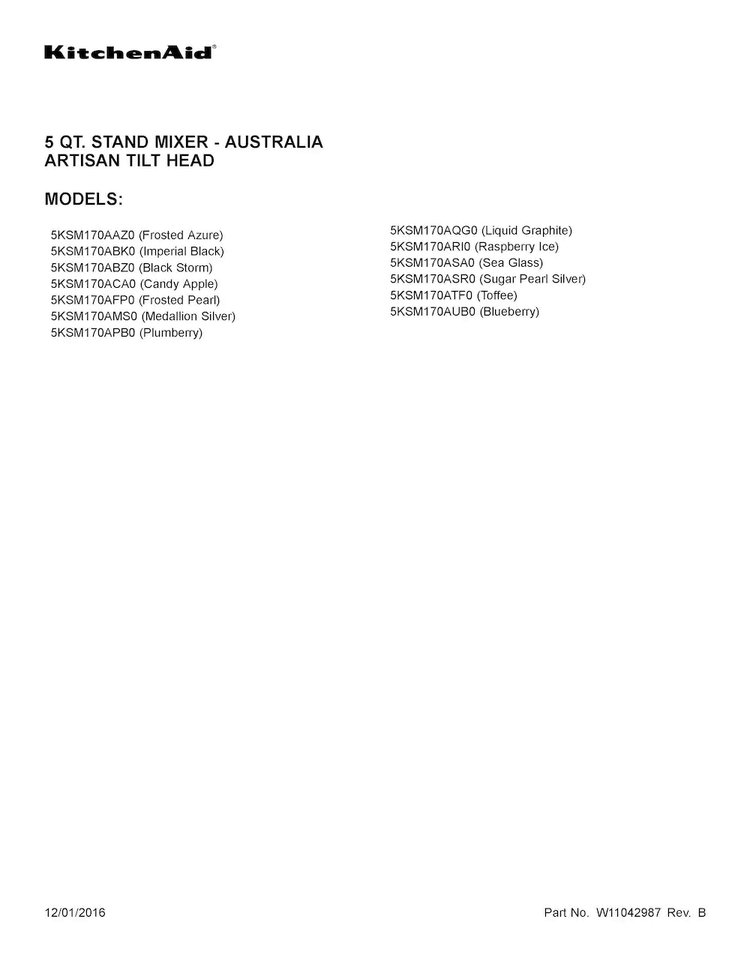 Cover Sheet Diagram and Parts List for 5KSM170AAZ0  KitchenAid Mixer
