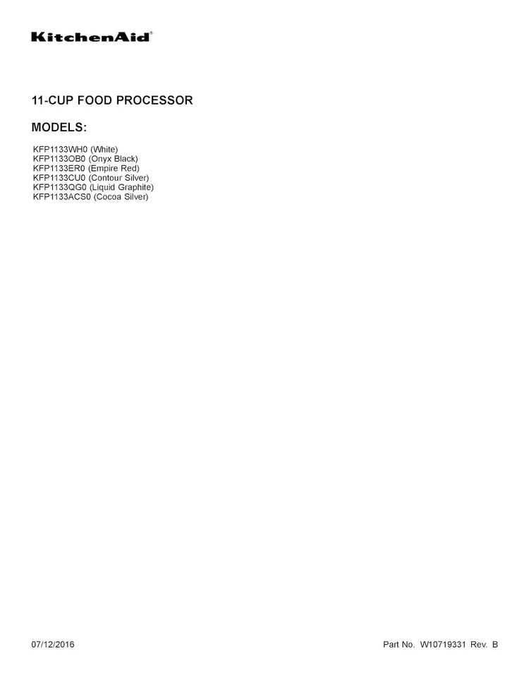 Cover Sheet Diagram and Parts List for KFP1133QG0  KitchenAid Food Processor