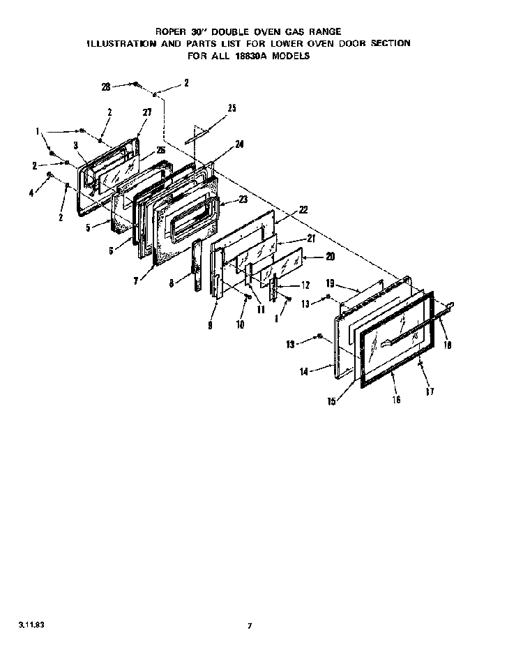 Lower Oven Door Diagram and Parts List for 1883*0A  Roper Wall Oven