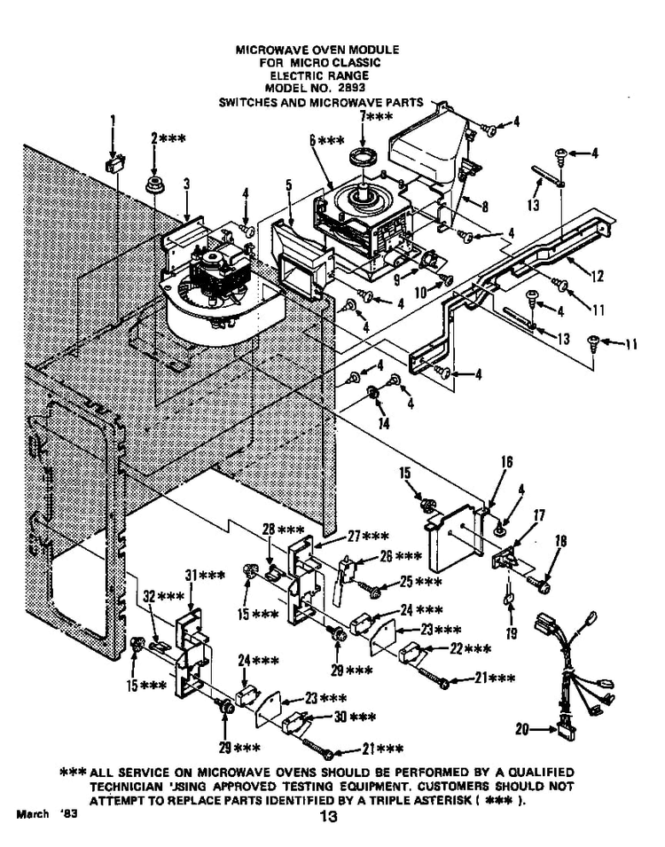 Switches And Microwave Diagram and Parts List for 2893*0A  Roper Range