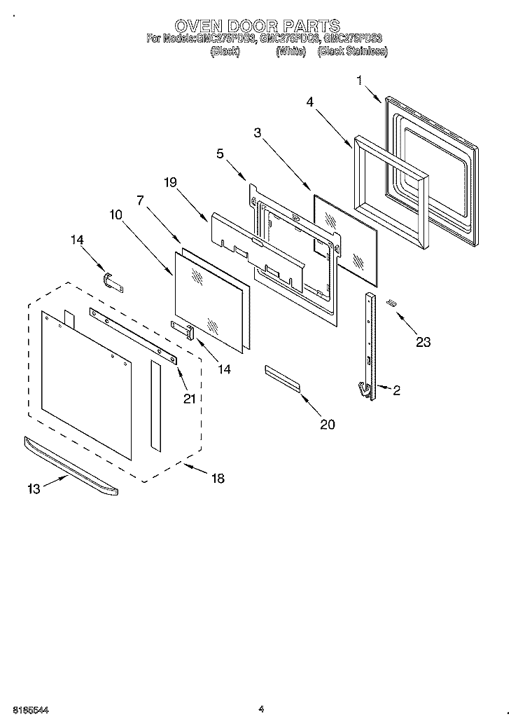 OVEN DOOR Diagram and Parts List for GMC275PDQ3  Whirlpool Microwave Oven Combo