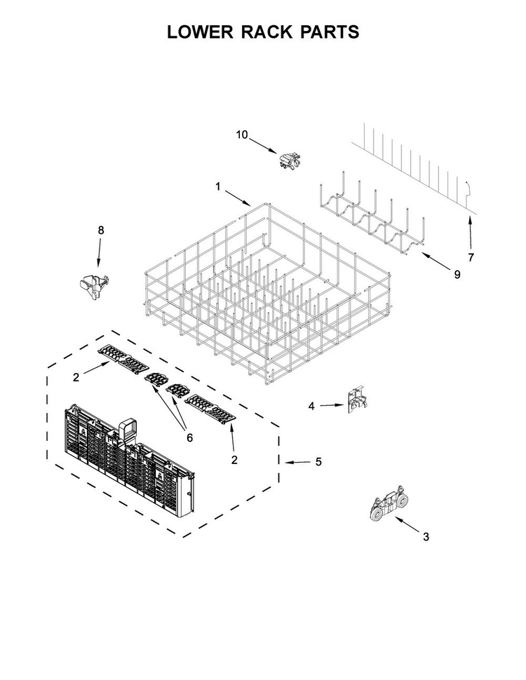 Lower Rack Parts Diagram and Parts List for WDT995SAFM0  Whirlpool Dishwasher