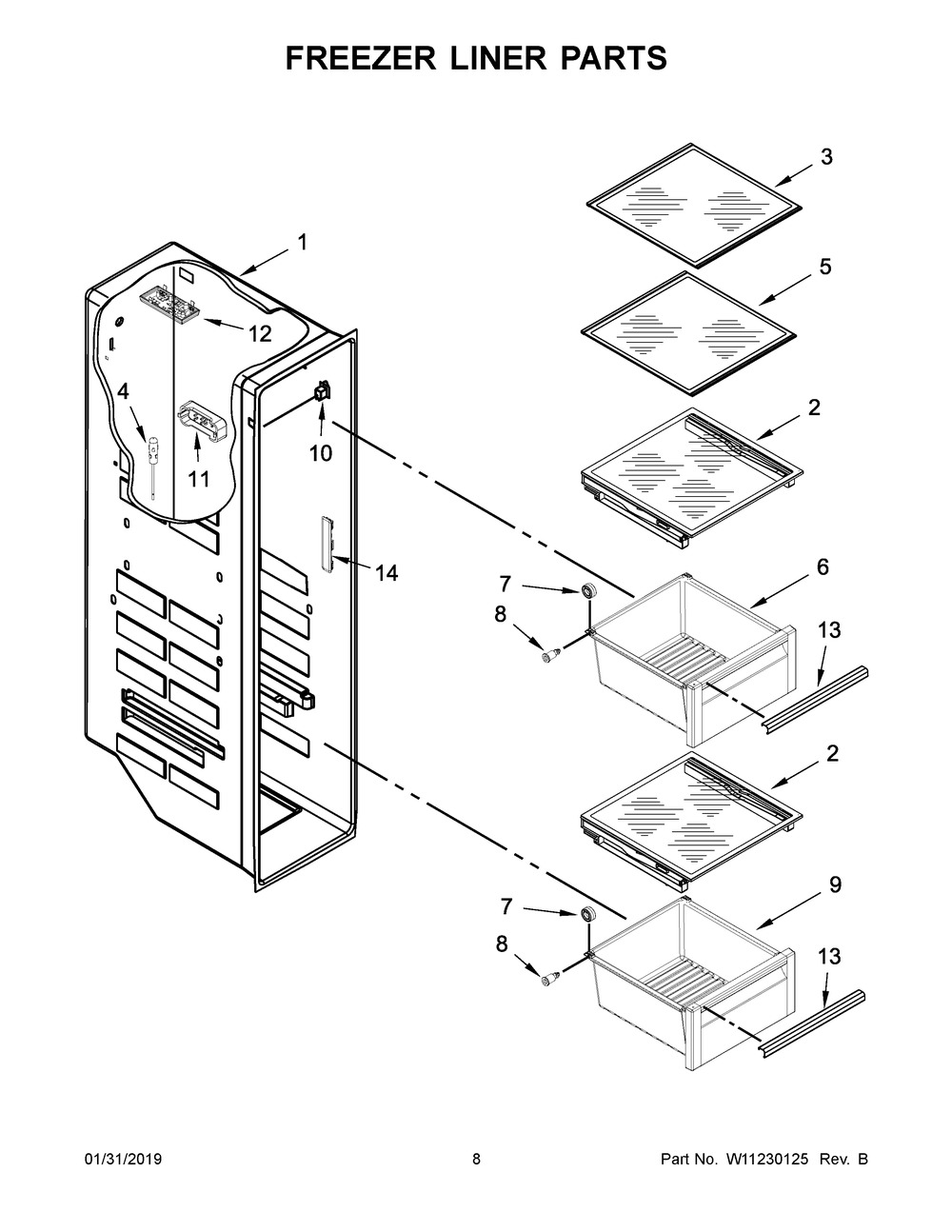 Freezer Liner Parts Diagram and Parts List for KRSC500ESS01  Whirlpool Refrigerator