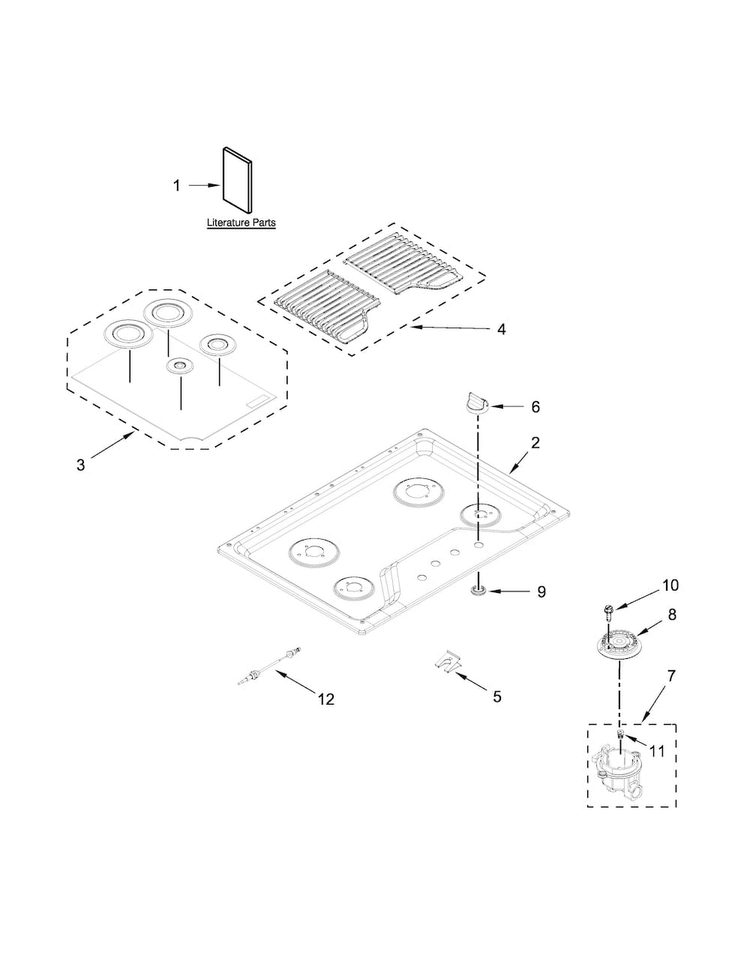 Cooktop, Burner And Grate Parts Diagram and Parts List for WCG75US0DB00  Whirlpool Cooktop