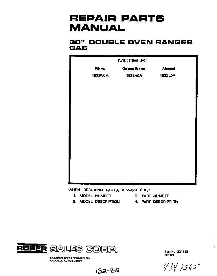 Cover Page-text Only Diagram and Parts List for 1833*0A  Roper Wall Oven
