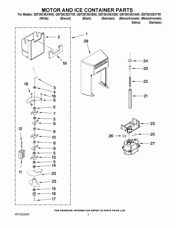 MOTOR AND ICE CONTAINER PARTS Diagram and Parts List for GSF26C5EXA00  Whirlpool Refrigerator