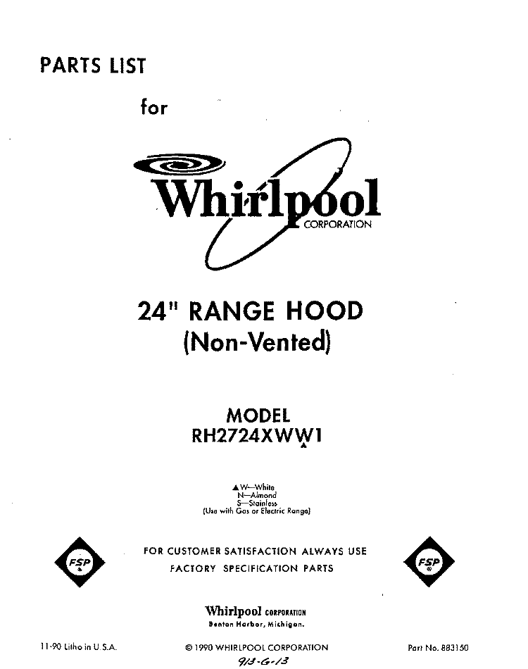 SECTION Diagram and Parts List for RH2724XWS1  Whirlpool Range Hood