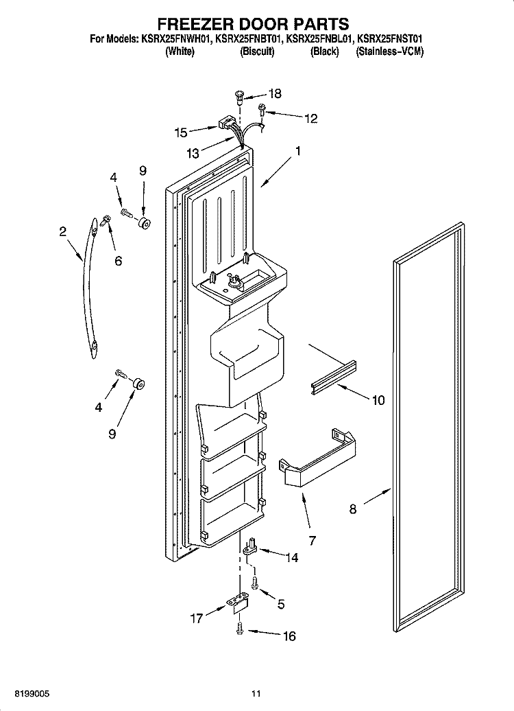FREEZER DOOR PARTS Diagram and Parts List for KSRX25FNBL01  KitchenAid Refrigerator