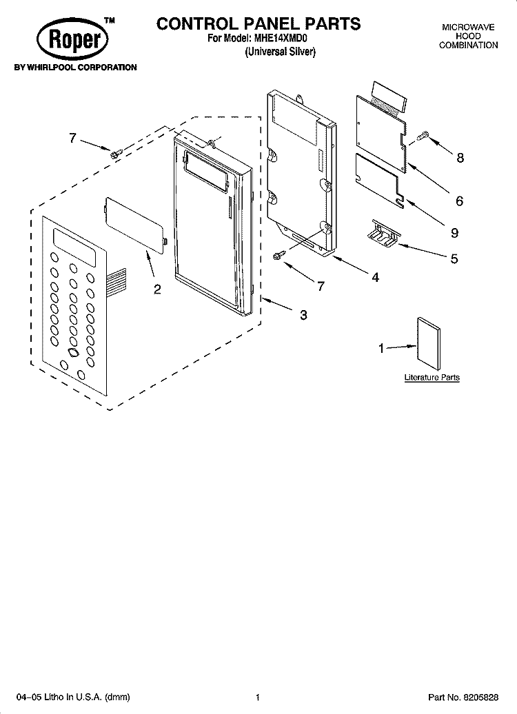 CONTROL PANEL PARTS Diagram and Parts List for MHE14XMD0  Roper Microwave