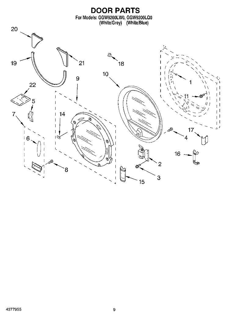DOOR Diagram and Parts List for GGW9200LQ0  Whirlpool Dryer