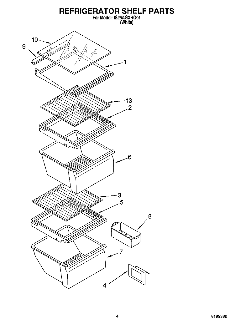 REFRIGERATOR SHELF PARTS Diagram and Parts List for IS25AGXRQ01  Inglis Refrigerator