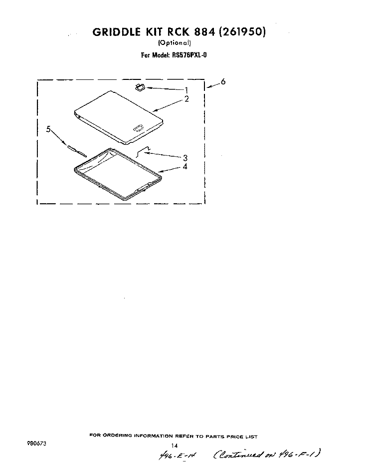GRIDDLE KIT RCK 884 (261950) Diagram and Parts List for RS576PXL0  Whirlpool Range