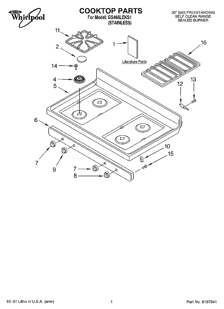 COOKTOP, LITERATURE Diagram and Parts List for GS465LEKS1  Whirlpool Range