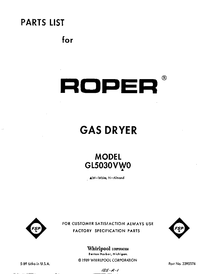TOP AND CONSOLE , LITERATURE AND OP Diagram and Parts List for GL5030VW0  Roper Dryer