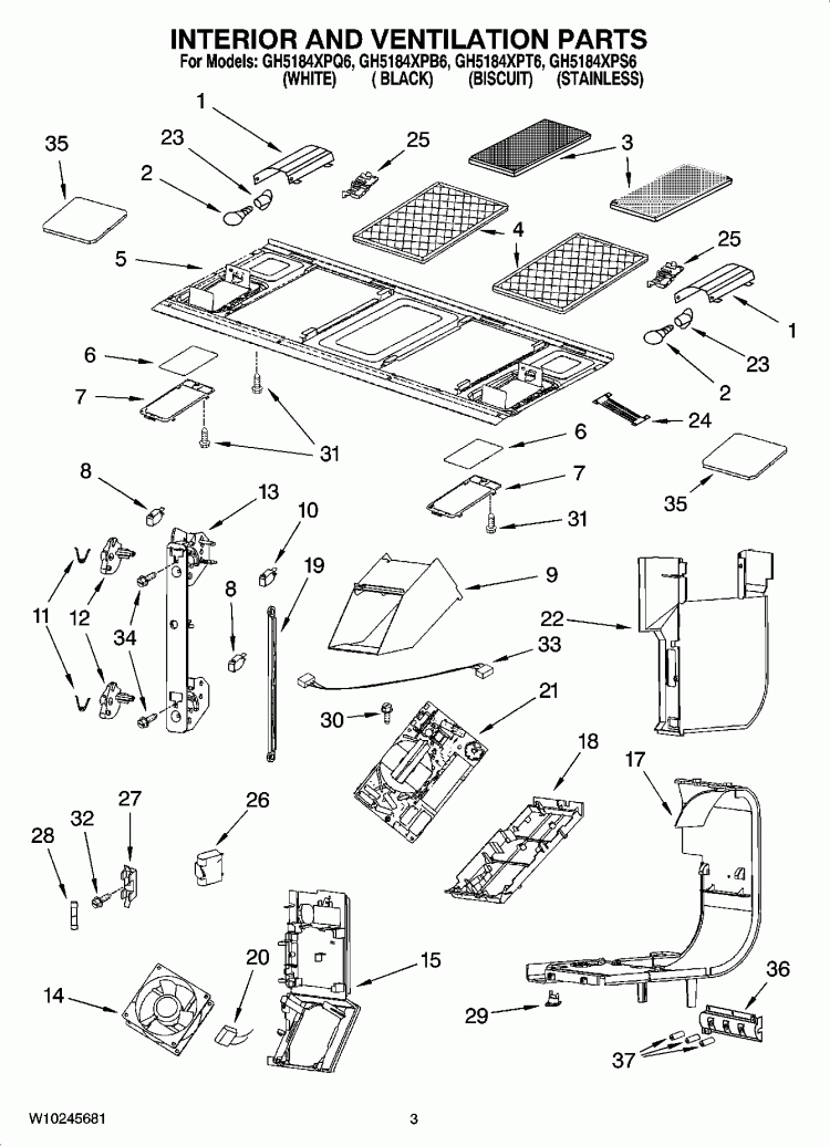 INTERIOR AND VENTILATION PARTS Diagram and Parts List for GH5184XPS6  Whirlpool Microwave