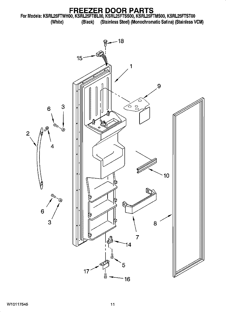 FREEZER DOOR PARTS Diagram and Parts List for KSRL25FTST00  KitchenAid Refrigerator
