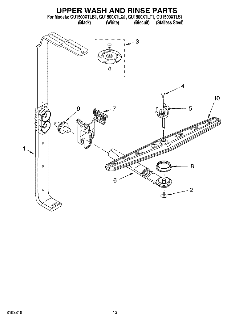 UPPER WASH AND RINSE PARTS Diagram and Parts List for GU1500XTLT1  Whirlpool Dishwasher